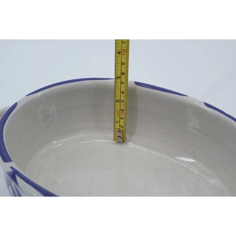 Signed Studio Pottery Oval Baker Blue White Crosshatch Ceramic Dish 1970s